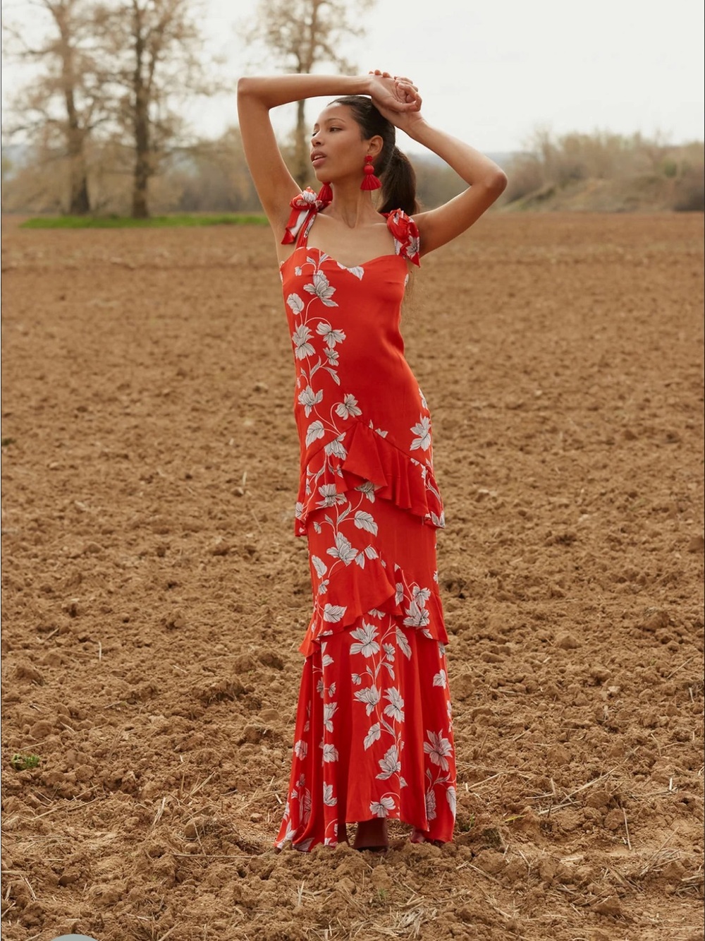 Red Floral Ruffle Maxi Dress - Women's Summer Dress